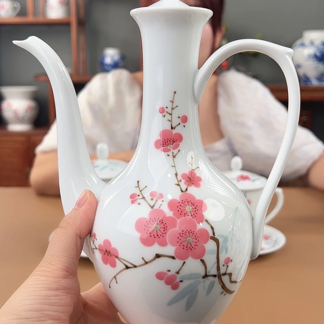 高白瓷翠竹红梅酒壶瑕