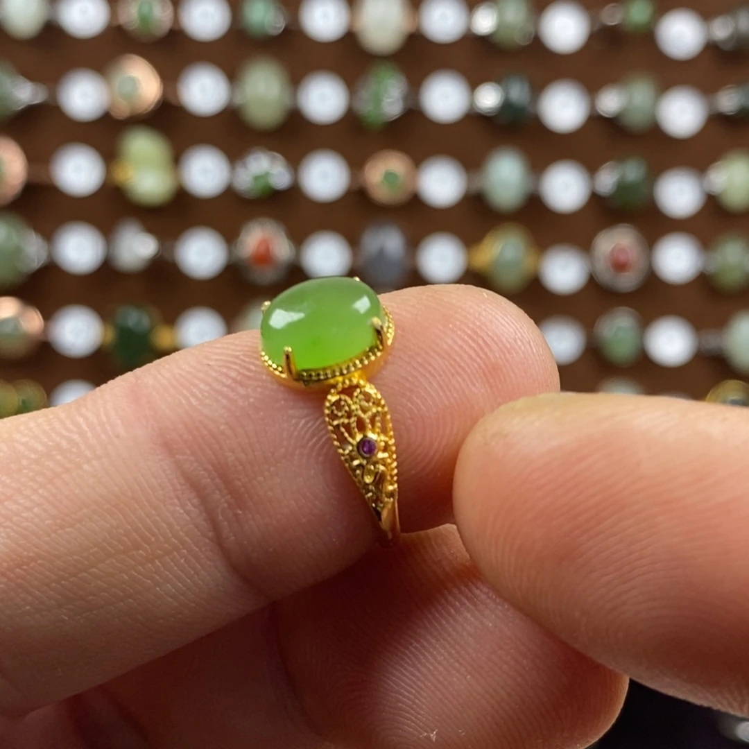 和田玉（碧玉）戒指银S925镀金镶嵌