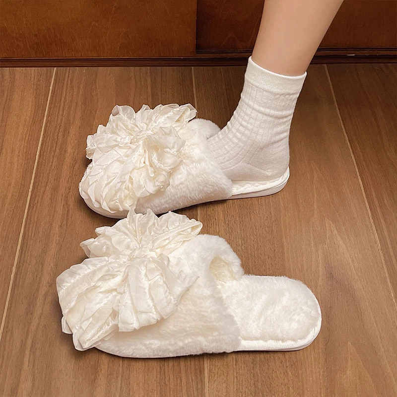 时尚蝴蝶结纯色毛毛拖女外穿2025秋冬新款毛绒居家平底舒适包头拖