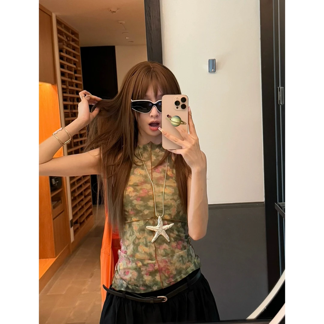 绿野仙踪 复古小众自制撞色显白晕染网纱辣妹挂脖吊带背心Q 5743#