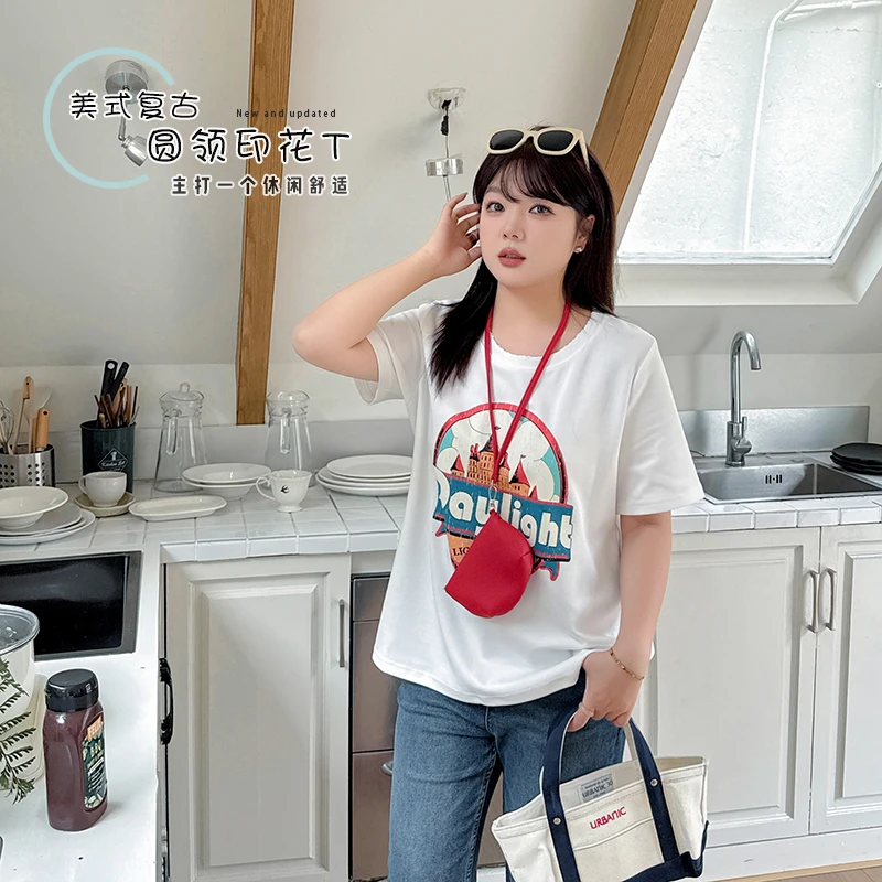 【霏主播推荐】2025年春季新款显瘦时尚减龄圆领印花T短袖-8795