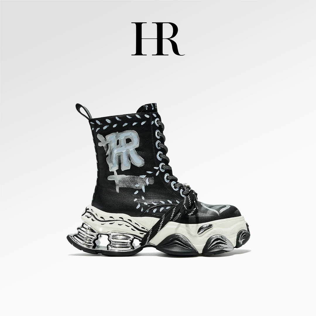 HR/赫莲娜潮流时尚运动复古休闲法式英伦中筒百搭靴子黑色高帮