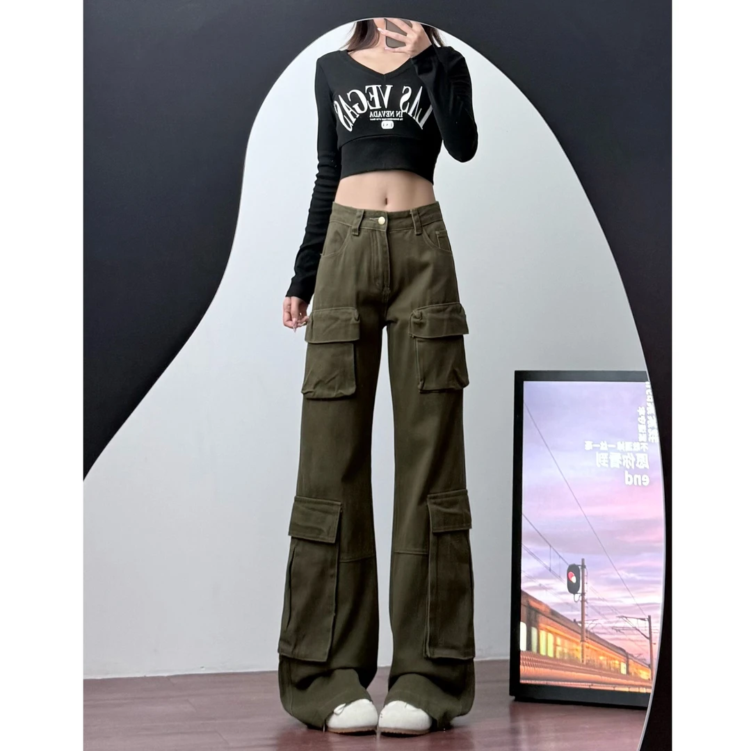 2025新款军绿色175高个子低腰显瘦休闲拖地裤女喇叭工装长裤7023