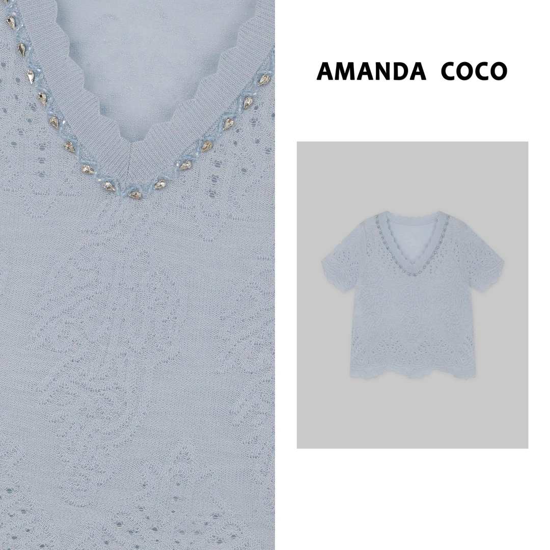 辰辰  | 夏季钉钻v领提花波浪边显白洋气短袖针织衫