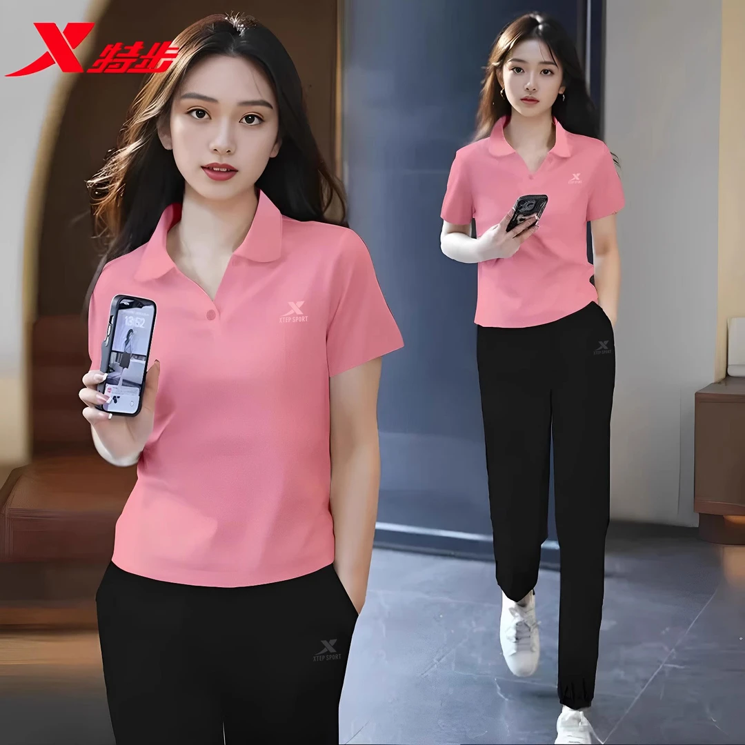 特步运动套装女夏季新款妈妈装polo衫短袖透气速干显瘦百搭休闲裤