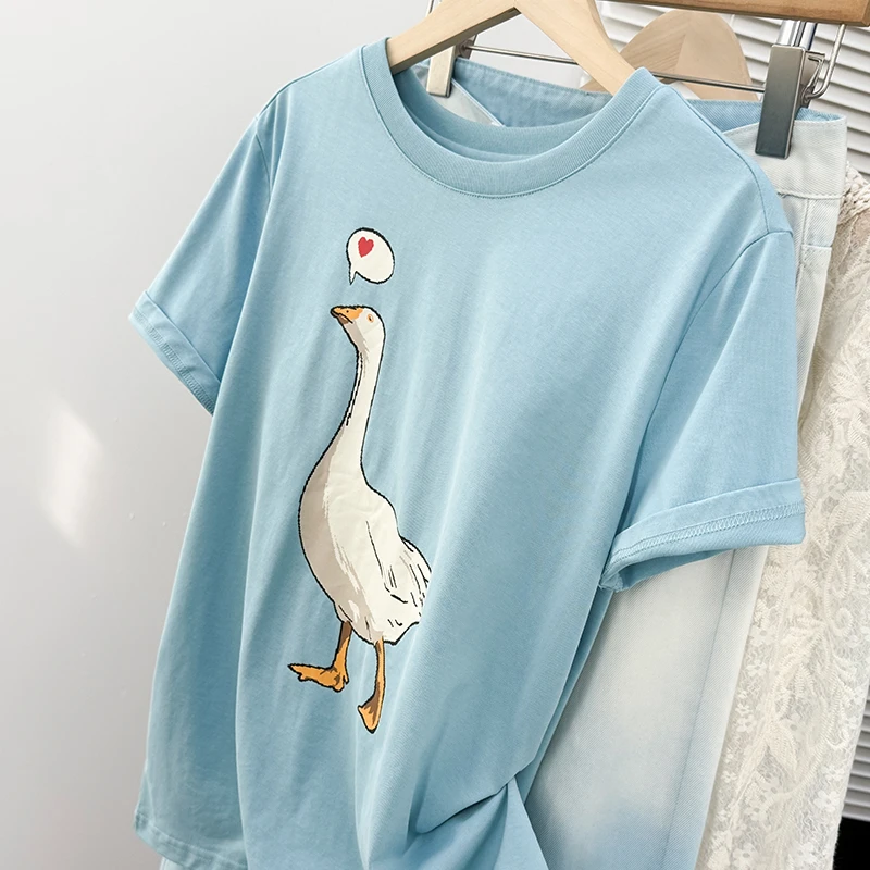 大鹅字母印花T恤中长款休闲宽松可爱减龄时尚短袖2025夏季新款女