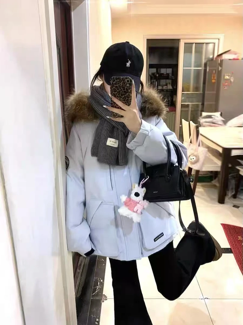 天蓝色大毛领派克羽绒服女2025年新款加厚连帽外套潮