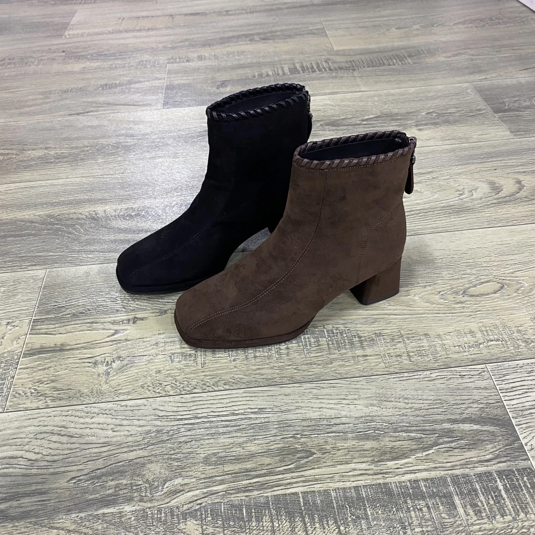 秋冬法式粗跟短靴时尚百搭高跟方头加绒女士时尚气质裸靴 1723