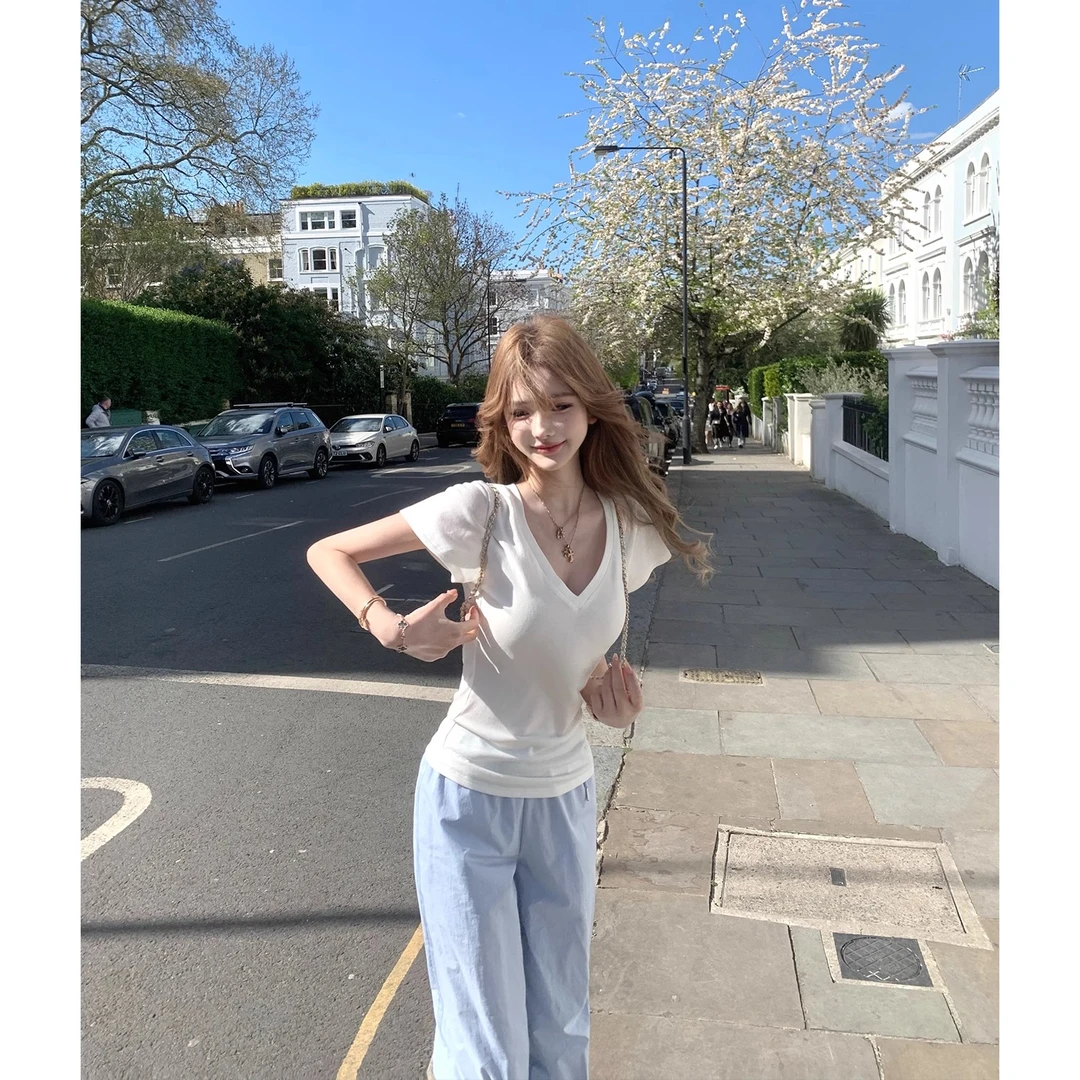 JMSHOP 淡人纸片tee 舒适至上~纯欲v领t恤女设计感夏短袖上衣