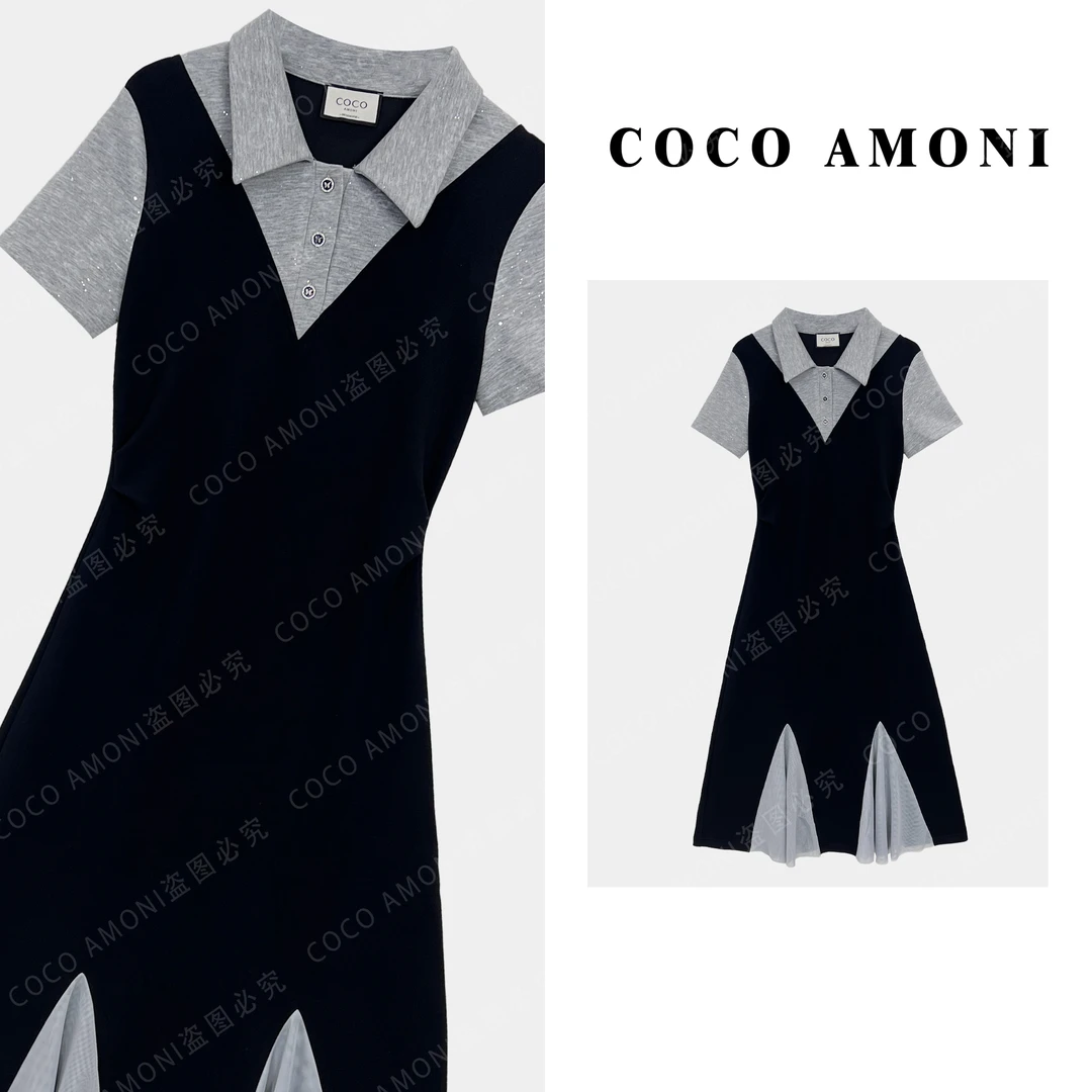 高级设计师新款夏日女装拼接假两件收腰显瘦气质连衣裙AC380