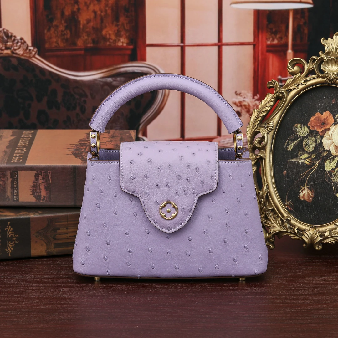 新款21cm真鸵鸟皮女包时尚潮流V仔包手缝真皮女士手提包轻奢单肩