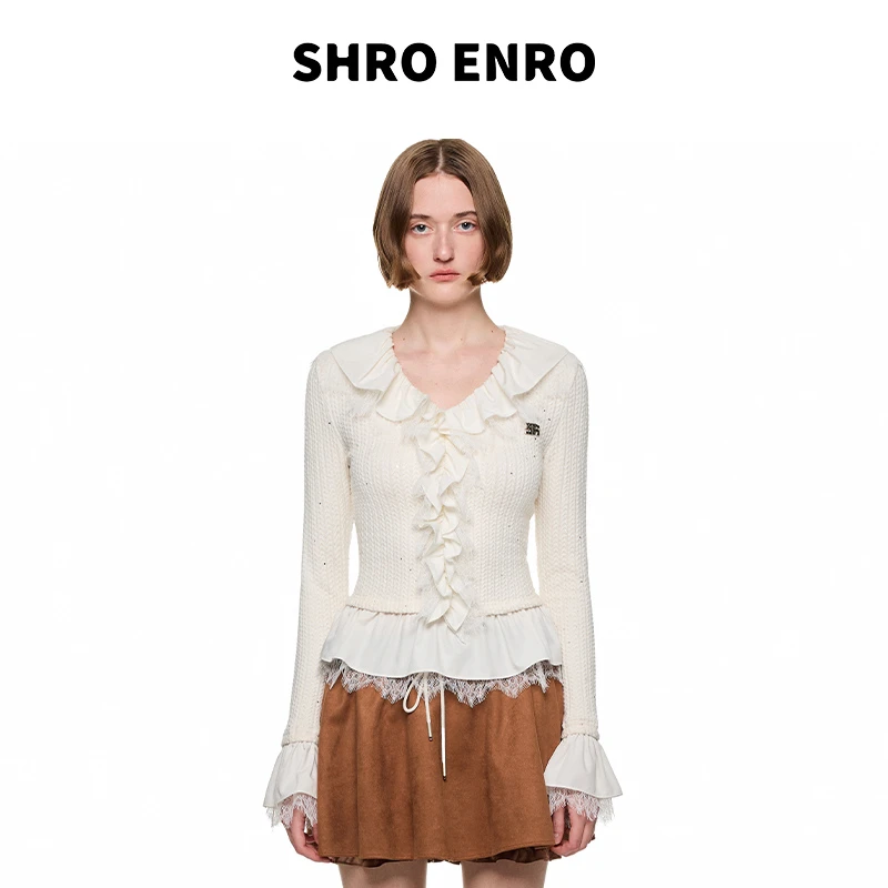 SHRO ENRO 2025秋季新款假两件蕾丝拼接荷叶边上衣女S52A02YL036