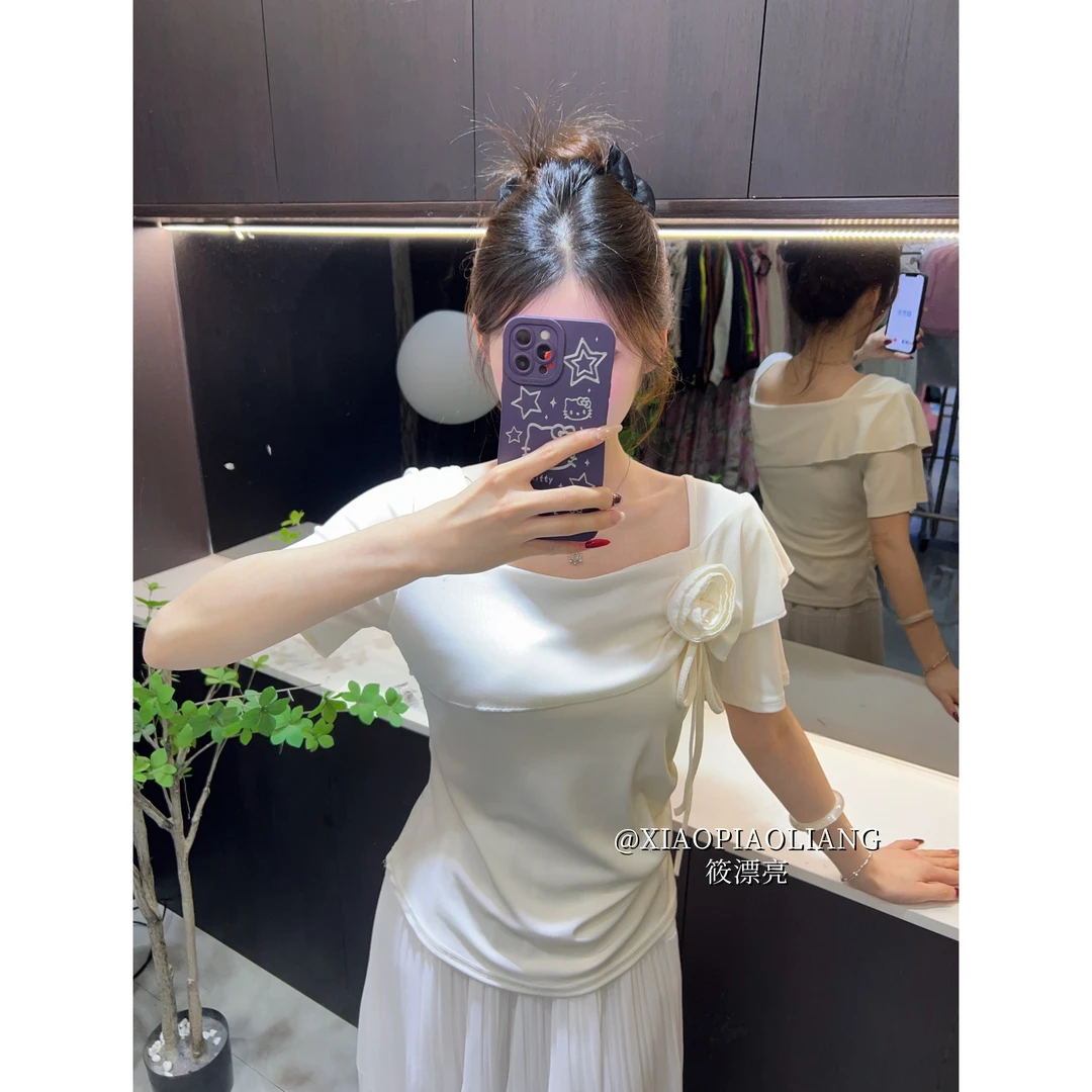 婷哥专属-法式纯欲风立体花朵不规则褶皱收腰上衣方领T恤7827#0.1