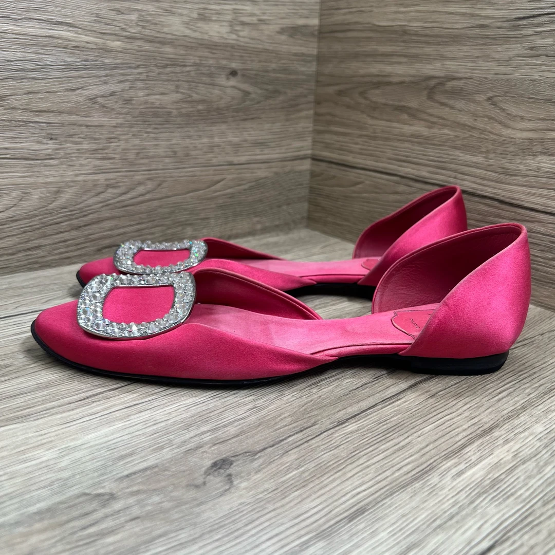 95新 Roger Vivier/罗杰·维威耶 xz1 RV粉绸缎方钻平底鞋37码
