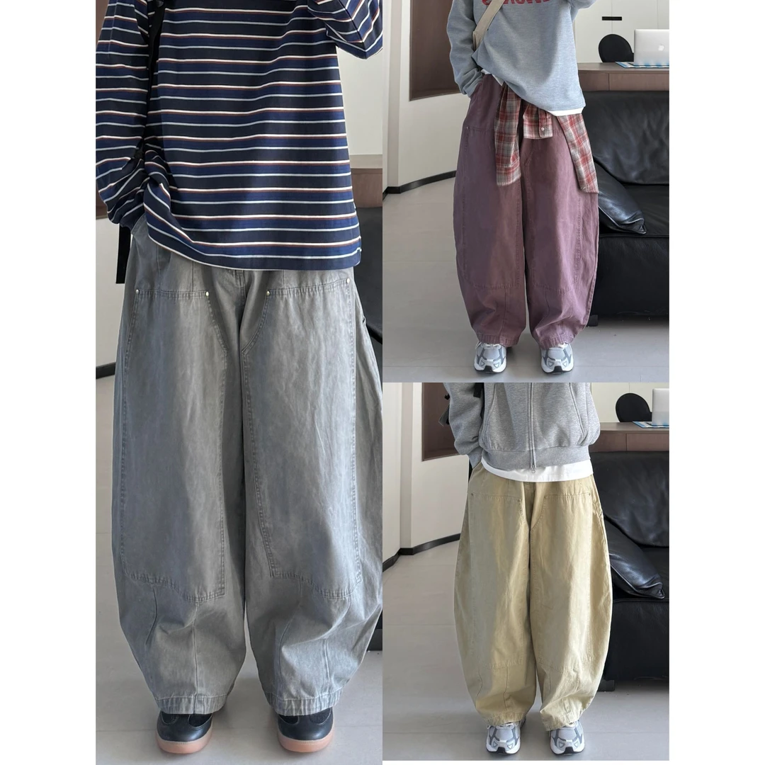 藤原不卖豆腐从复古刺绣茧型阔腿工装裤春季情侣宽松休闲裤B16