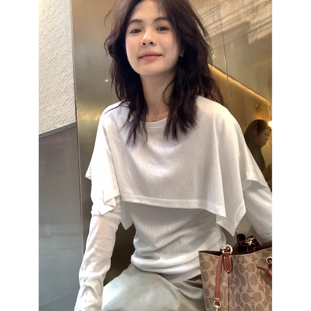 韩系简约设计假两件披肩长袖T恤女2025早秋休闲显瘦百搭时尚上衣