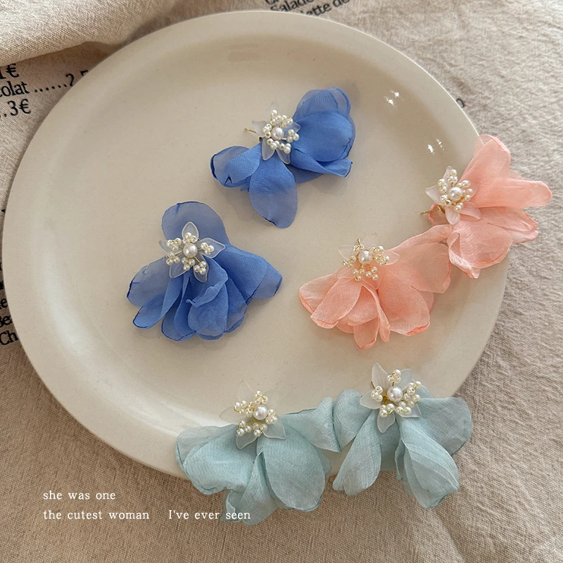 非金属布艺耳饰 春日女神~超仙珍珠花朵耳环女耳钉甜美风耳饰