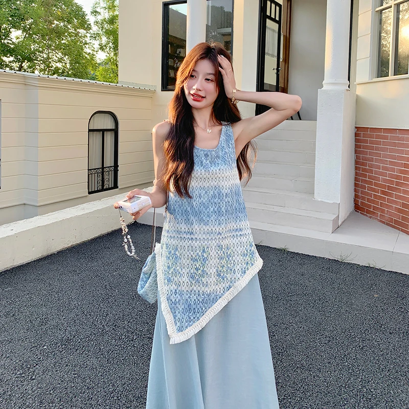 蓝色假两件拼接连衣裙女中长款2025夏新款法式设计感不规则背心裙