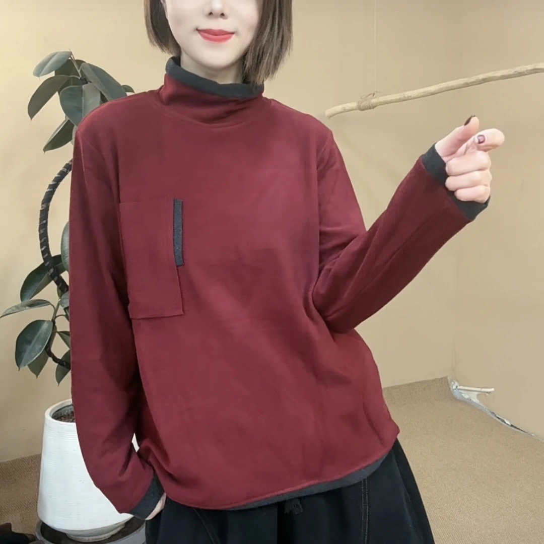 24149冬季新款拼接撞色双面德绒打底衫时尚百搭宽松加绒保暖加厚