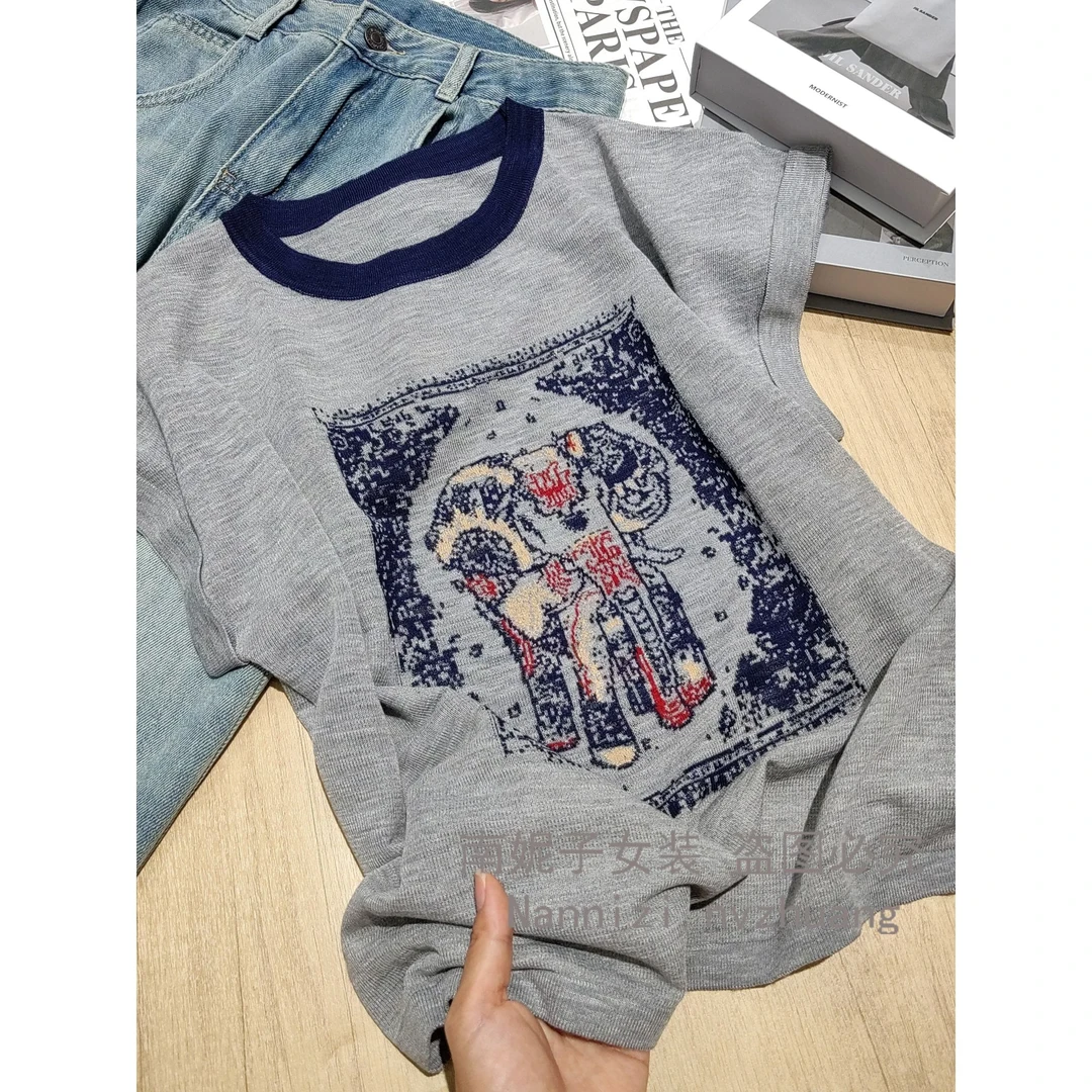 南妮子女装新款短袖上衣女夏季休闲圆领百搭大象韩版针织衫YY9386