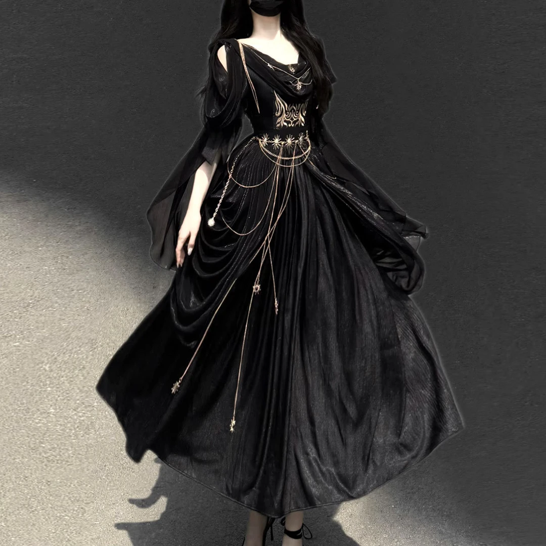 锦慕Lolita黑夜神使暗黑希腊风神女神服装黑色连衣裙复古优雅长裙