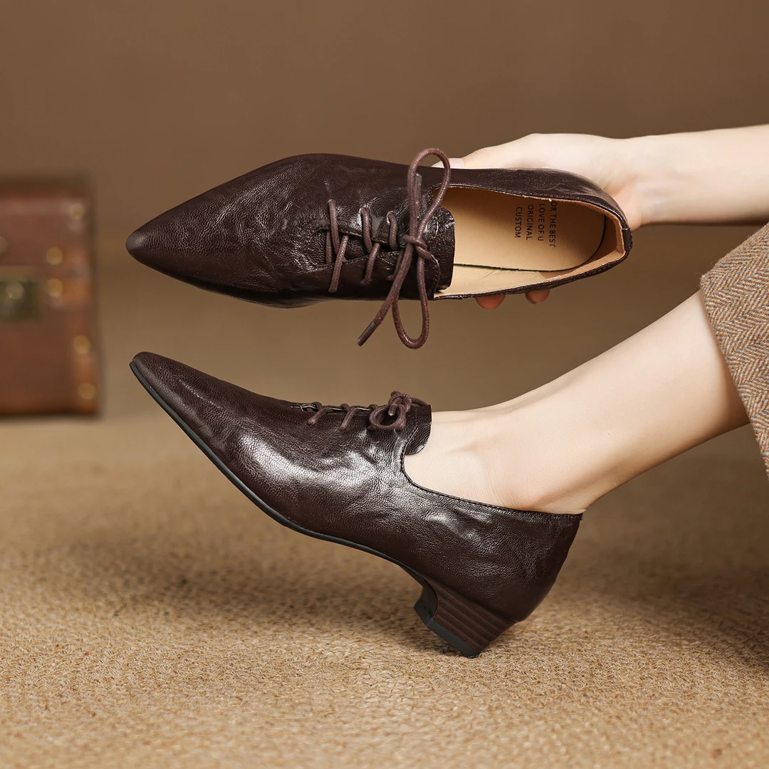 3cm英伦粗跟系带尖头单鞋女百搭秋季深口小皮鞋时尚真皮休闲女鞋