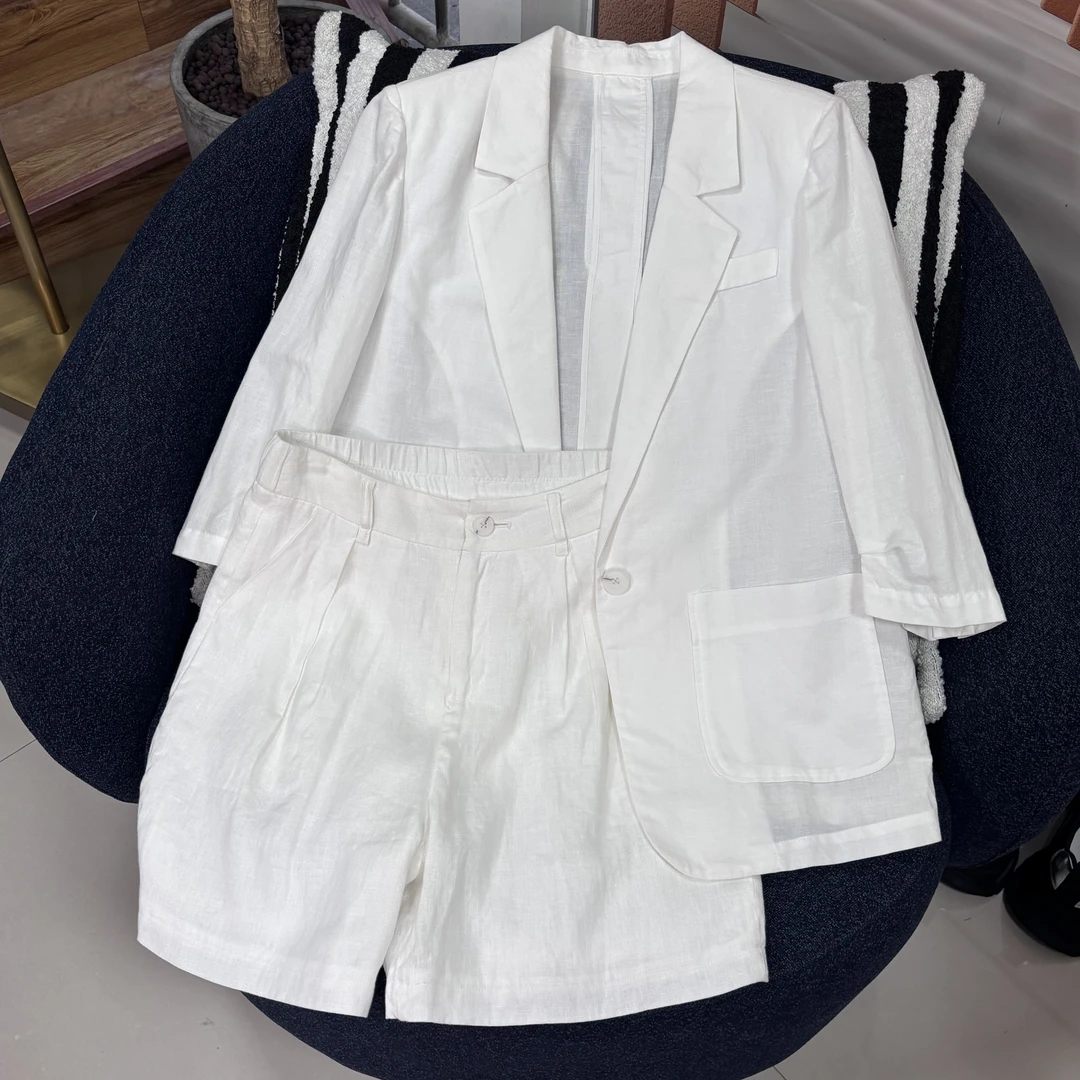 【亚麻】简约修身薄款显瘦中袖通勤短裤套装夏季亚麻西装