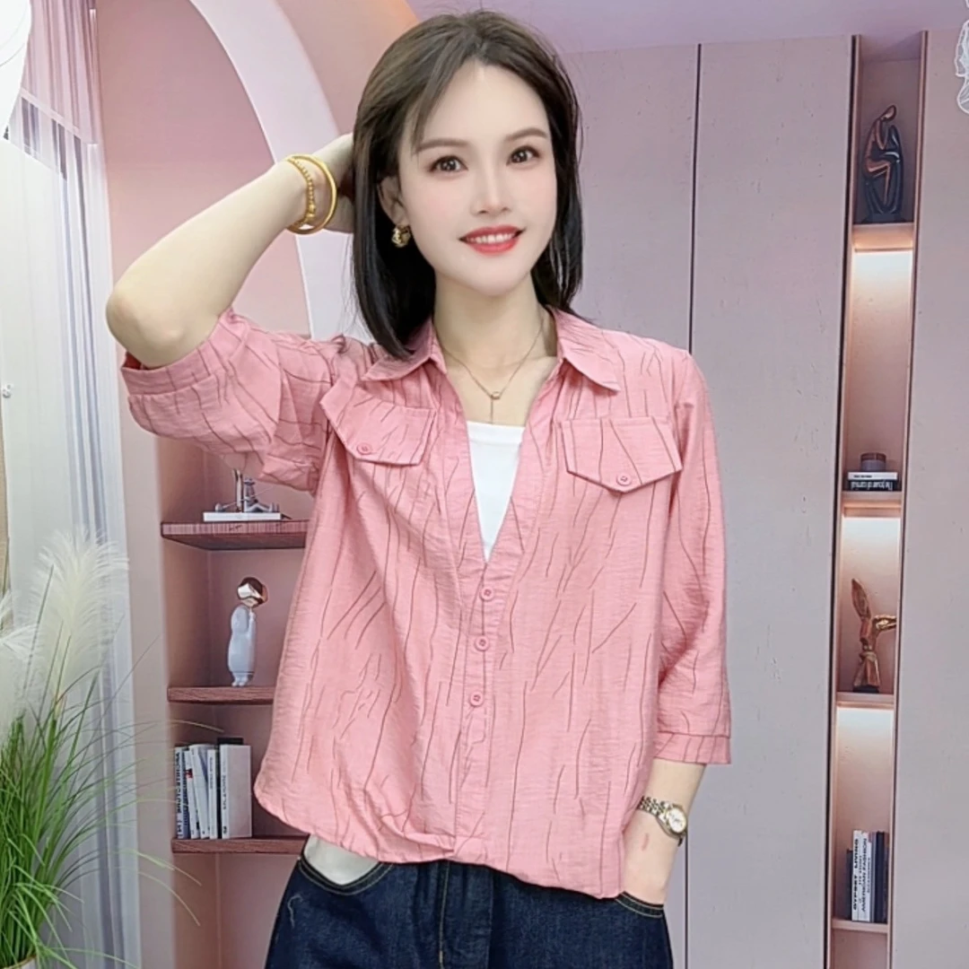 2025夏季新款时尚小众设计感衬衣领拼色显瘦洋气七分袖上衣女