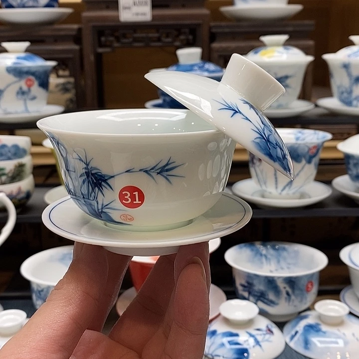 手绘微瑕竹子盖碗