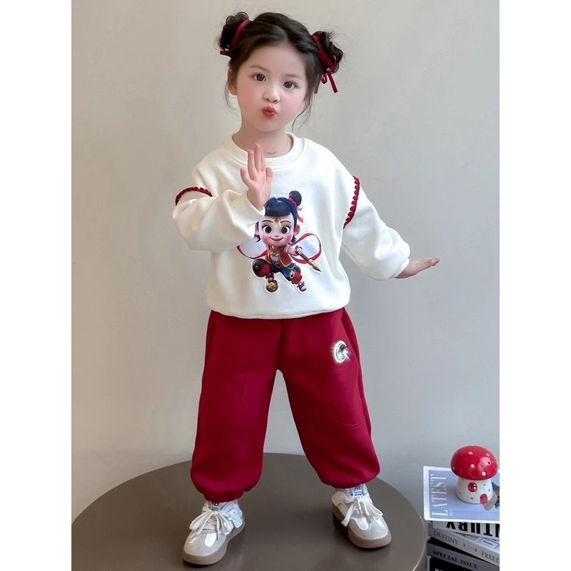 新疆包邮女孩休闲套装秋季服装2025新婴儿女孩长袖哪咤轻运动衫韩