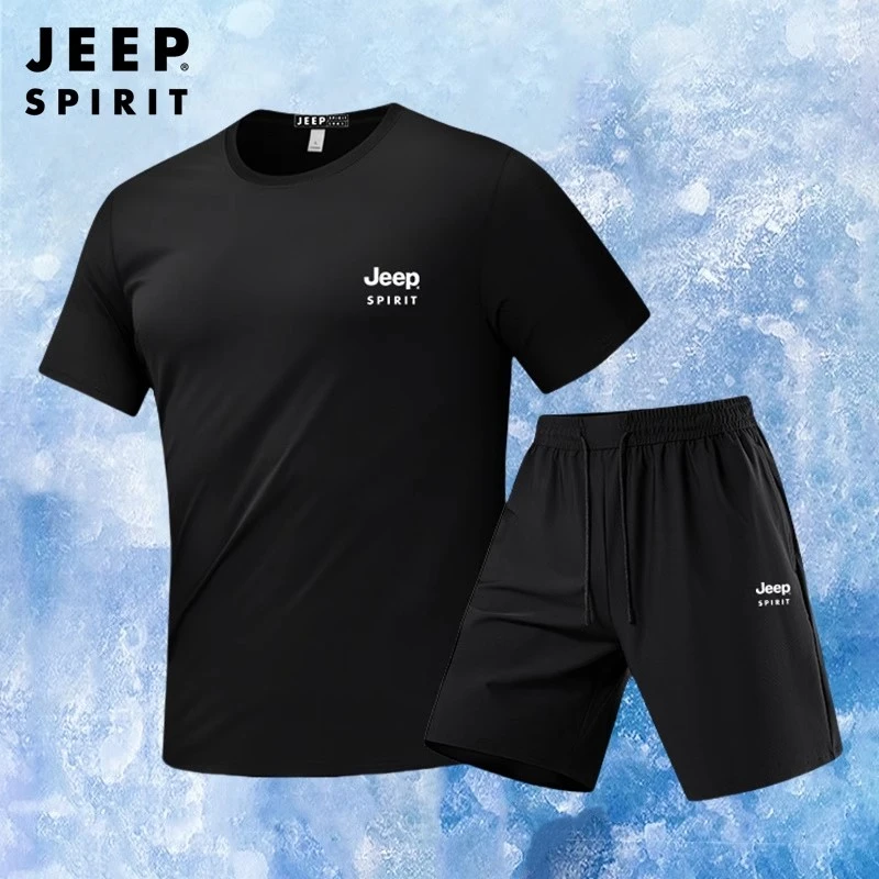 JEEP正品短袖体恤套装男士夏季冰丝速干户外跑步透气宽松休闲短裤