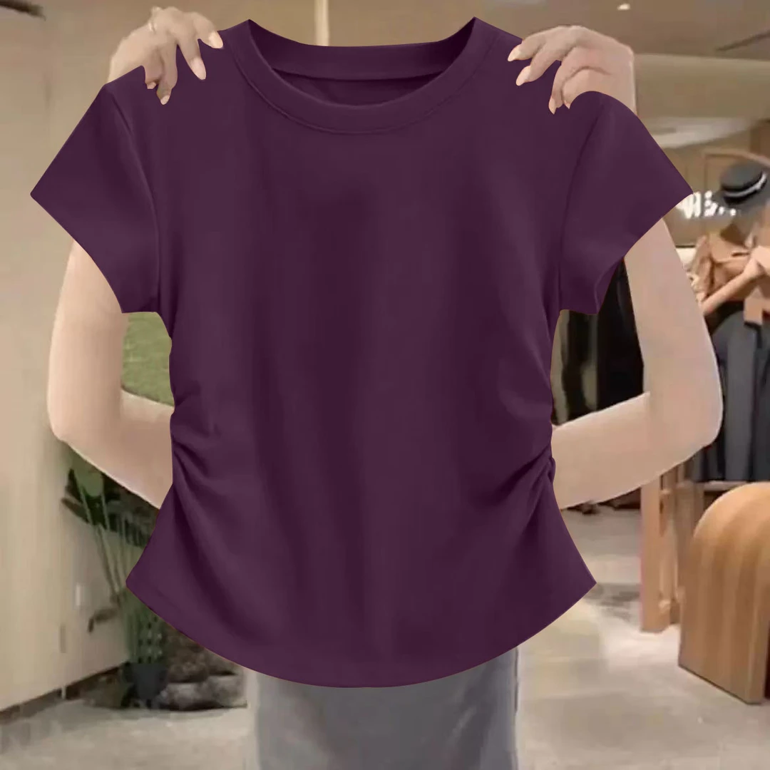 纯色正肩t恤女短袖2026新款夏季修身收腰别致小众设计感圆领体恤
