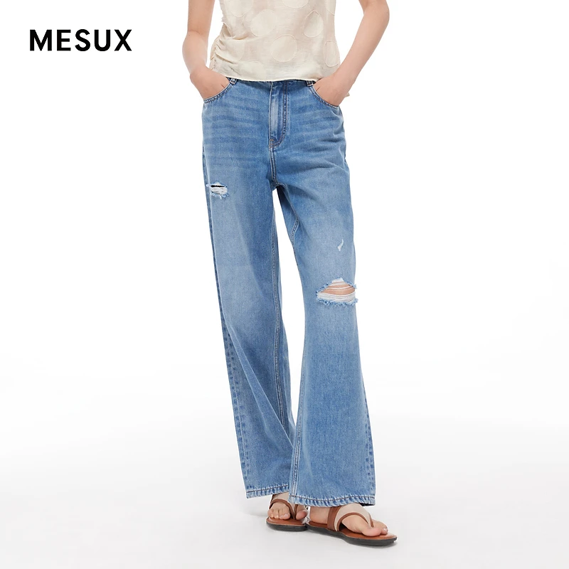 MESUX米岫牛仔裤新品女破洞直筒牛仔裤高腰阔腿裤MMMUR402