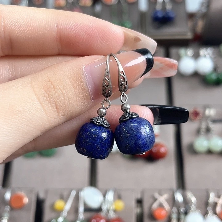 青金石银S925镶嵌耳饰12左右