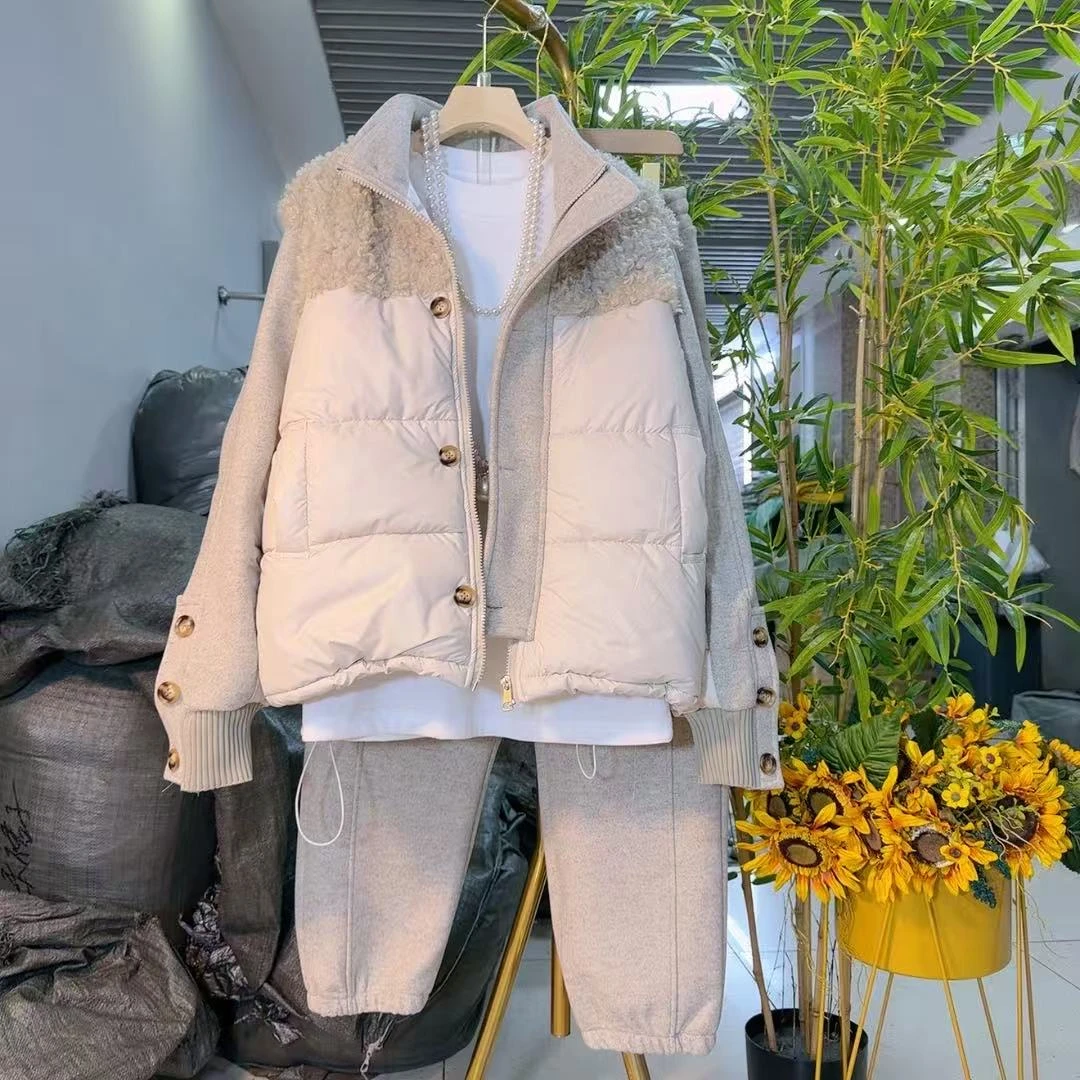 欧货时尚毛呢拼接棉服秋冬上衣裤子套装休闲百搭季冬新款2559冬季