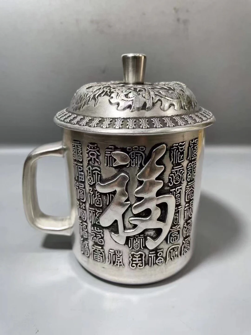 藏银白铜铜鎏银百福茶杯茶缸福寿茶缸家用茶道工艺摆设