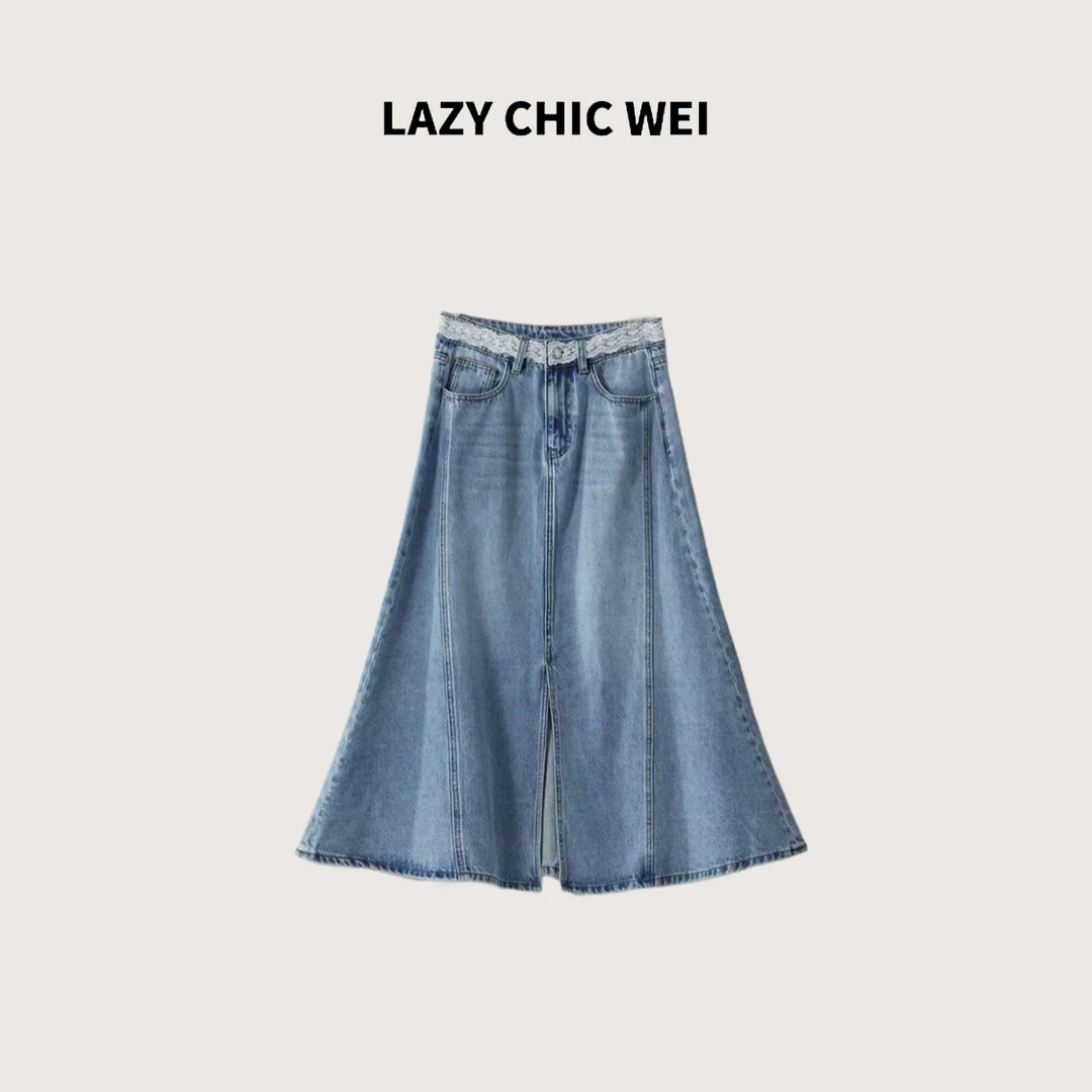 LAZY CHIC WEI 棉混纺蕾丝拼接A字大裙摆鱼尾裙25SSW1131