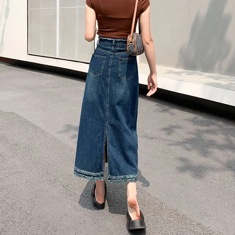 中长款牛仔半身裙后开叉女2025年a字裙设计感毛边新款包臀裙潮流