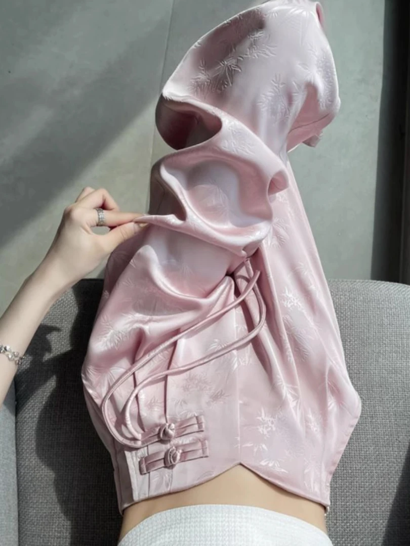 新中式缎面粉色提花裤子女春季国风多巴胺窄版禅意宋裤休闲直筒裤