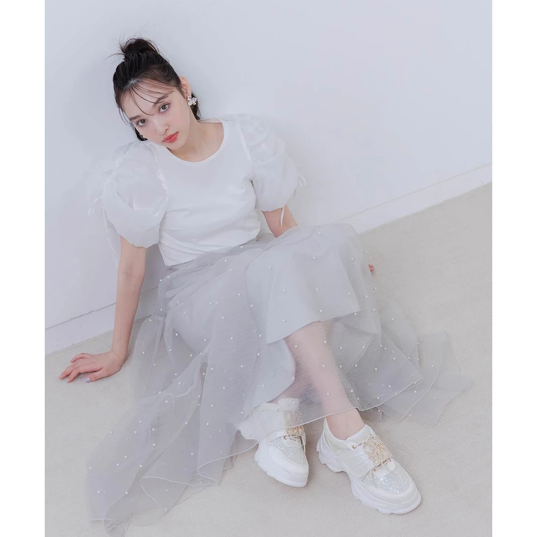 【六哥家】夏季新款 R 温柔风百搭简约珍珠钉珠硬纱大摆半身裙