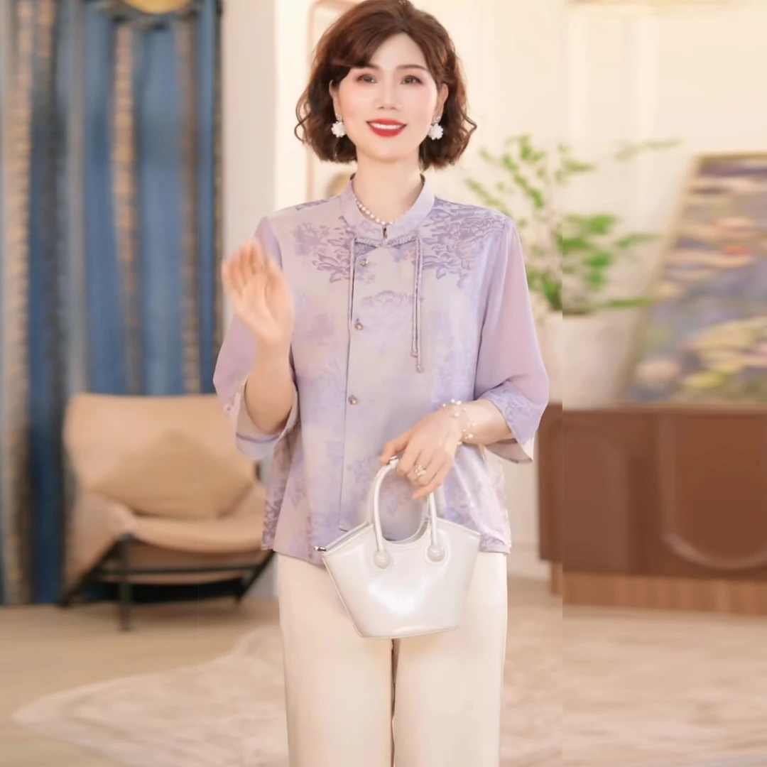 中年妈妈夏装长袖t恤洋气套装2025新款上衣服中老年女装衬衣套装