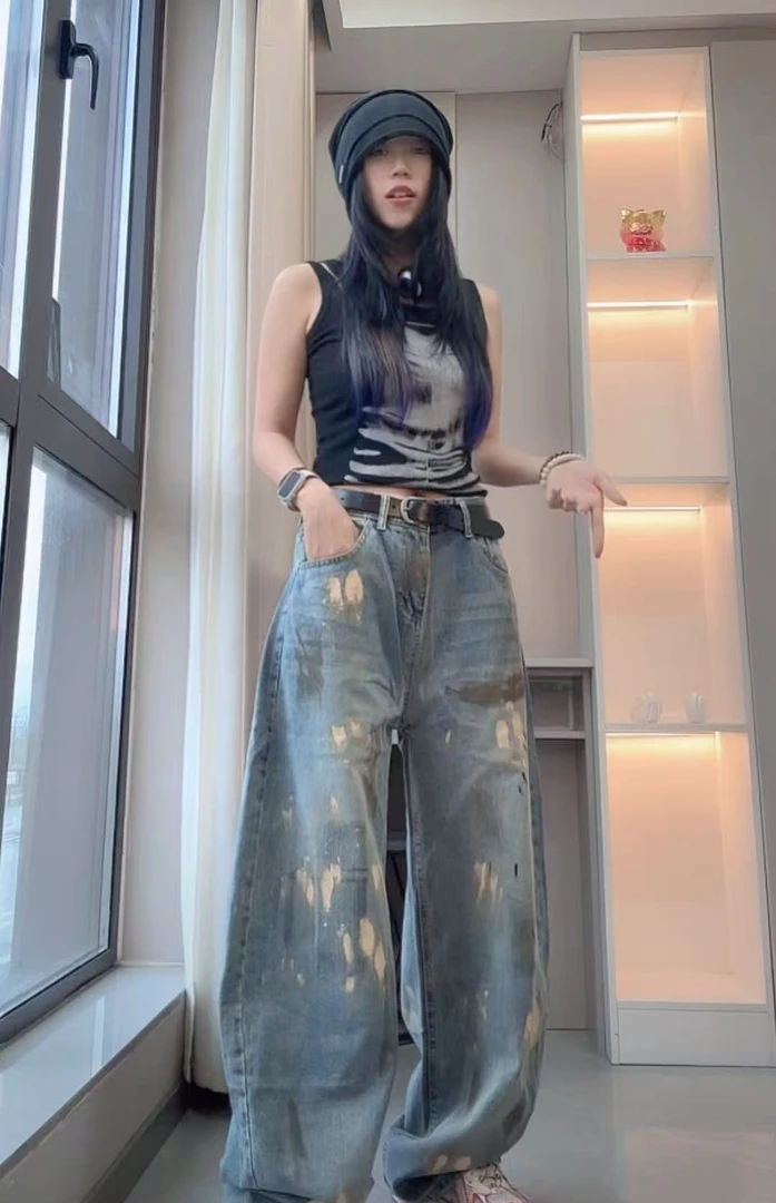 复古做旧泼墨设计弯刀牛仔裤男女宽松直筒美式阔腿休闲拖地长裤子