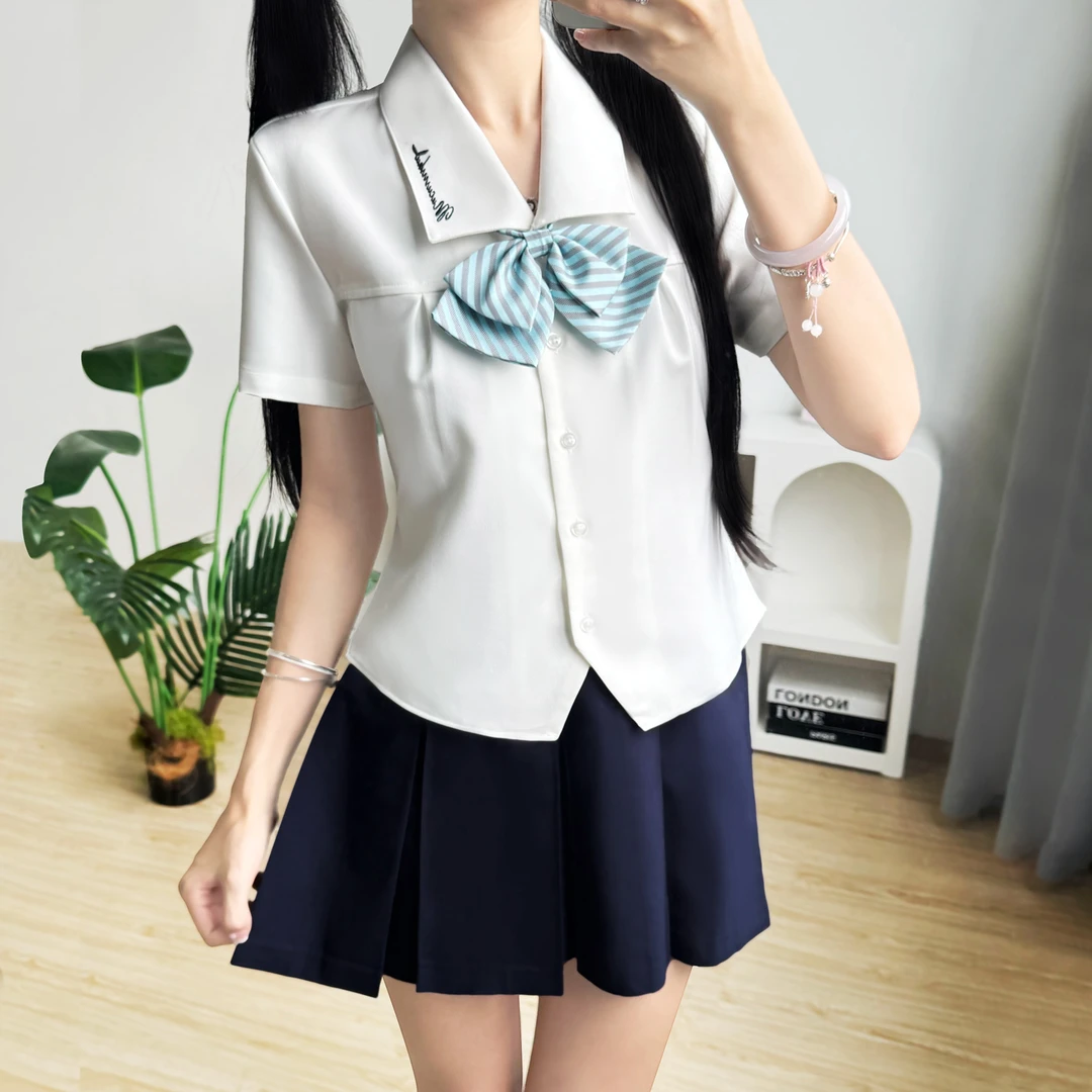 木村叔jk制服女生白色短袖衬衫夏季原创领口刺绣设计修身翻领衬衣