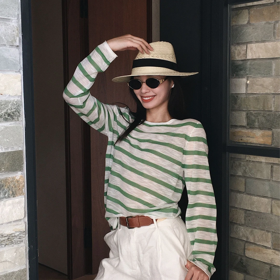 Yihouse【公园】防晒针织条纹衫夏季百搭女款罩衫Y8409