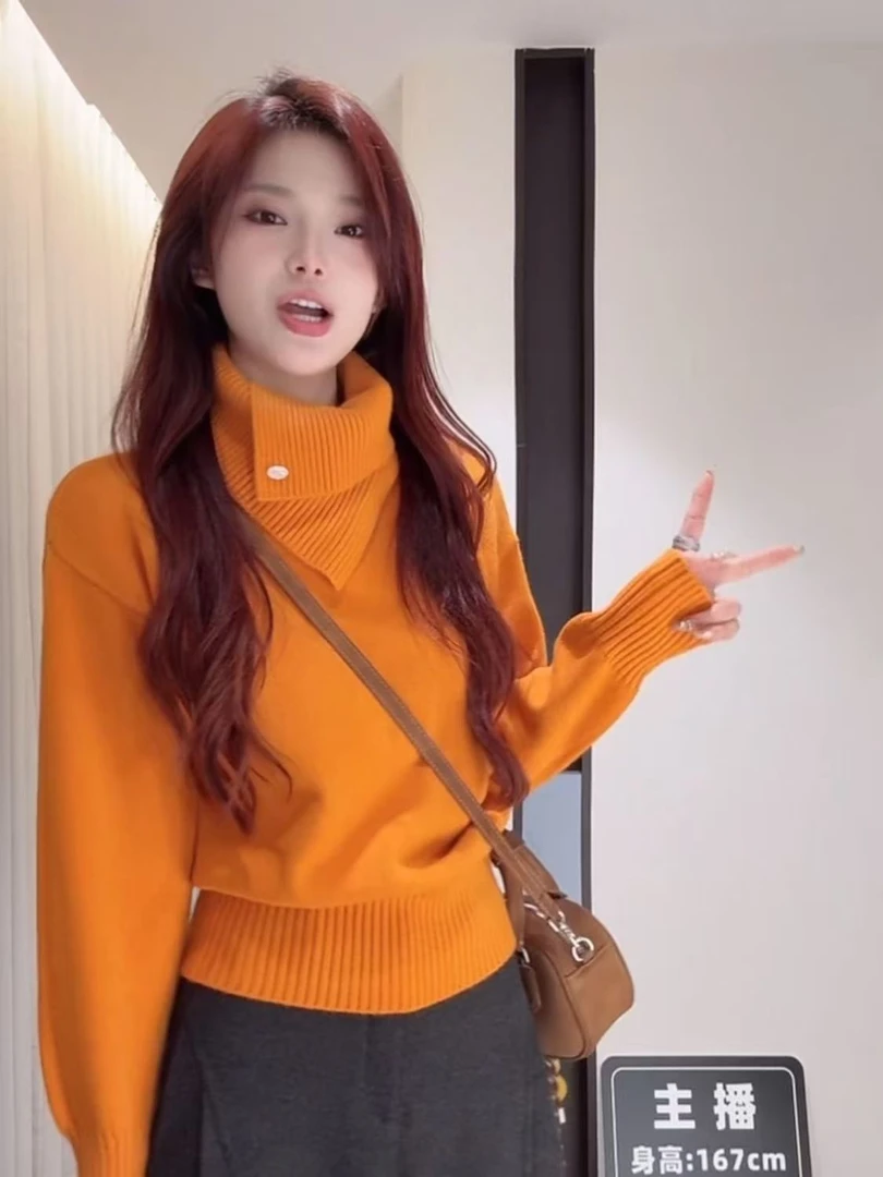 法式不规则设计感翻领橘色套头毛衣秋冬季新款时尚新款潮牌女装