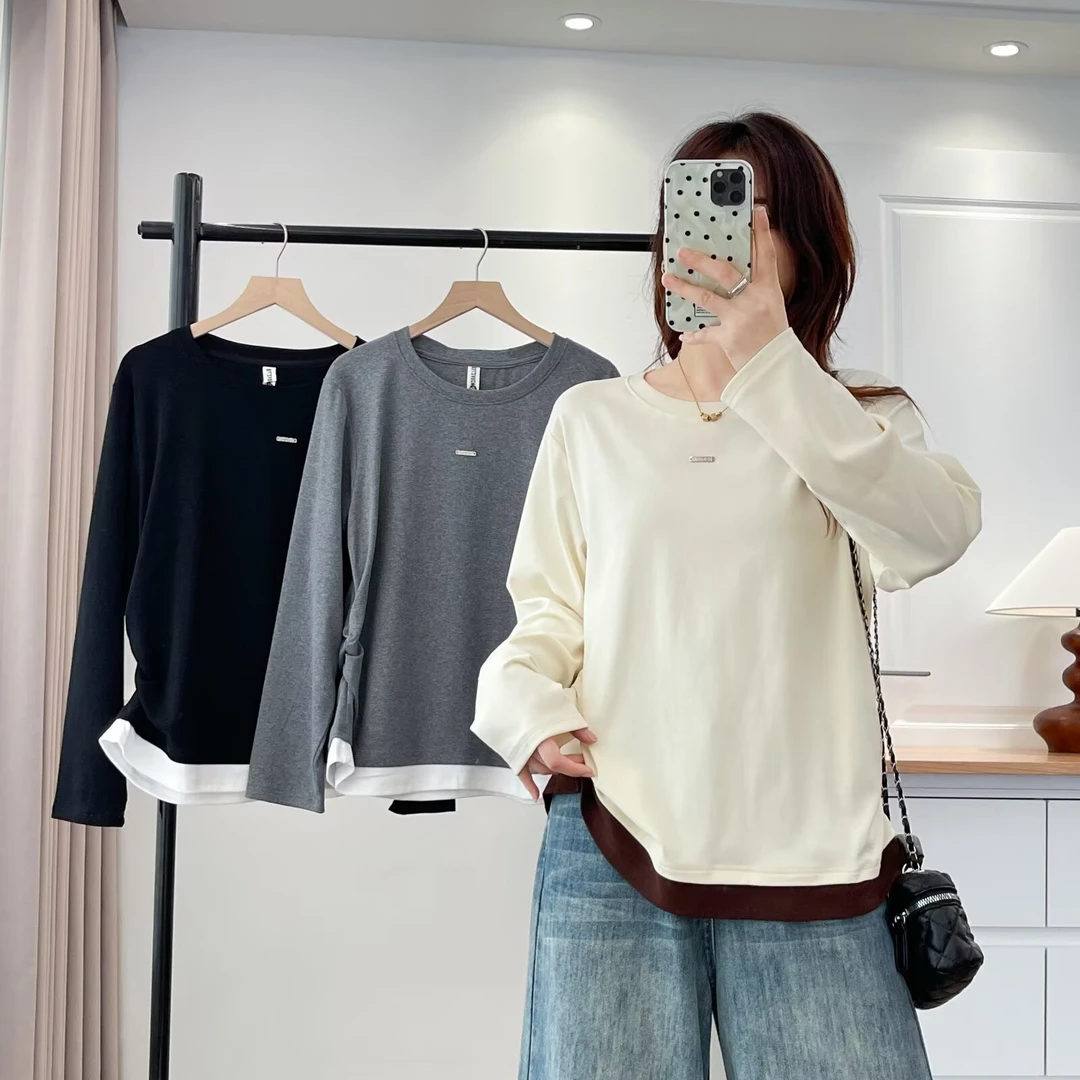 加肥加大码春秋长袖T恤打底衫圆领宽松显瘦上衣200斤弹力舒服衣服