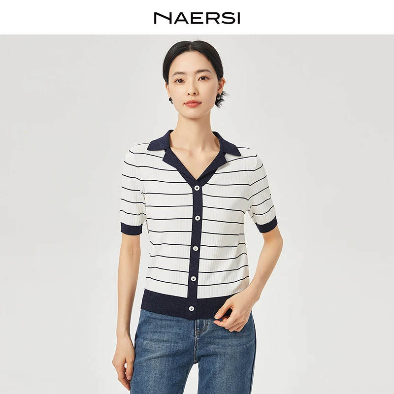 娜尔思小香风气质时尚夏季春夏薄款条纹撞色针织衫NZ03617V0