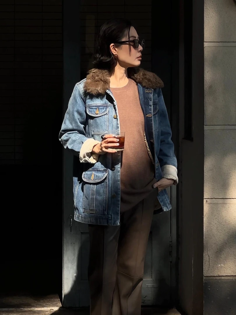 WUWU STUDIO【加州】复古巴恩风小湖羊毛领牛仔外套棉服3525