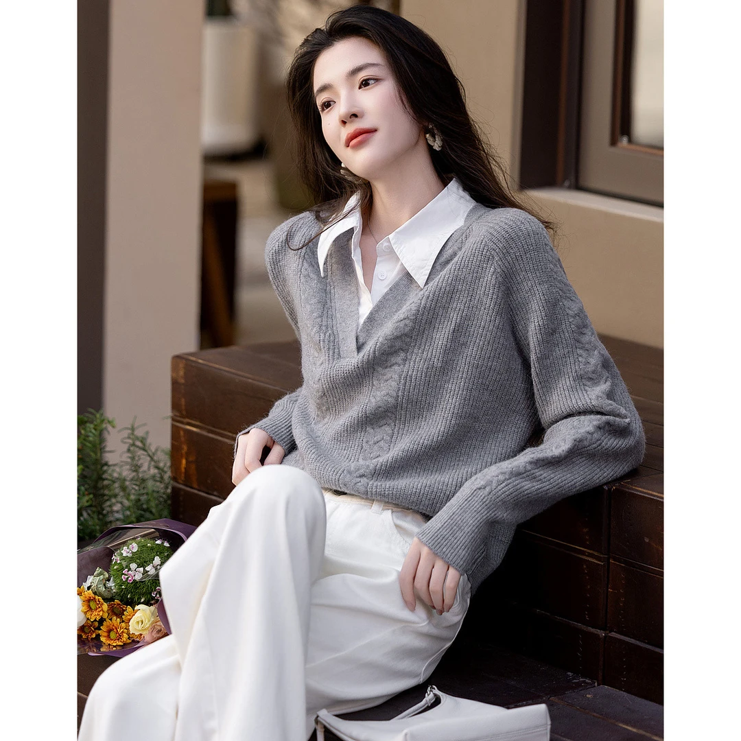 【女装优选DM】dme德玛纳简约风通勤翻领拼接针织衫G539320344704