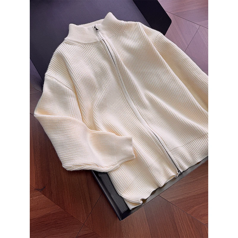 cleanfit米杏色针织外套男款秋冬双拉链设计感美式慵懒风开衫毛衣